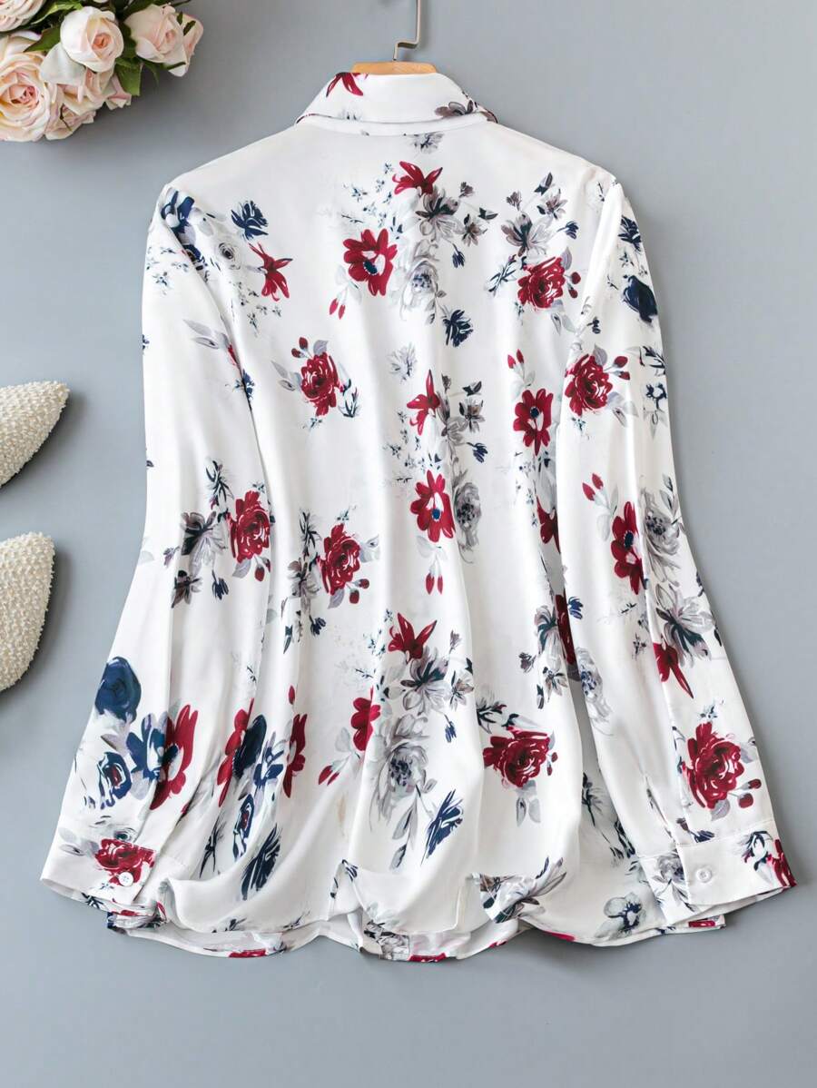Alonic Fab White Floral Print  Shirt Top with Long Sleeves