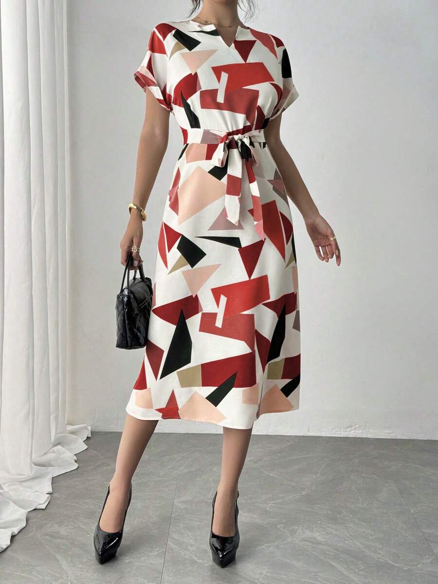 Alonic Fab Elegant Geometric Print Belted Midi Dress – Chic & Stylish