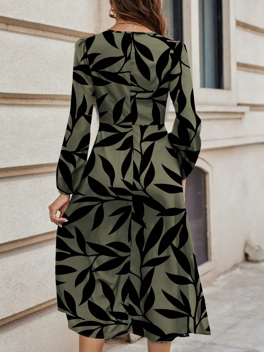 Alonic Fab Elegant Olive Green Midi Dress with Black Leaf Print & Belted Waist