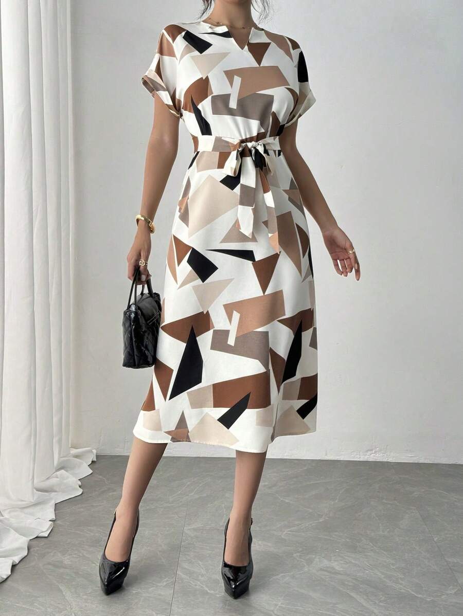 Alonic Fab Elegant Geometric Print Belted Midi Dress – Chic & Stylish