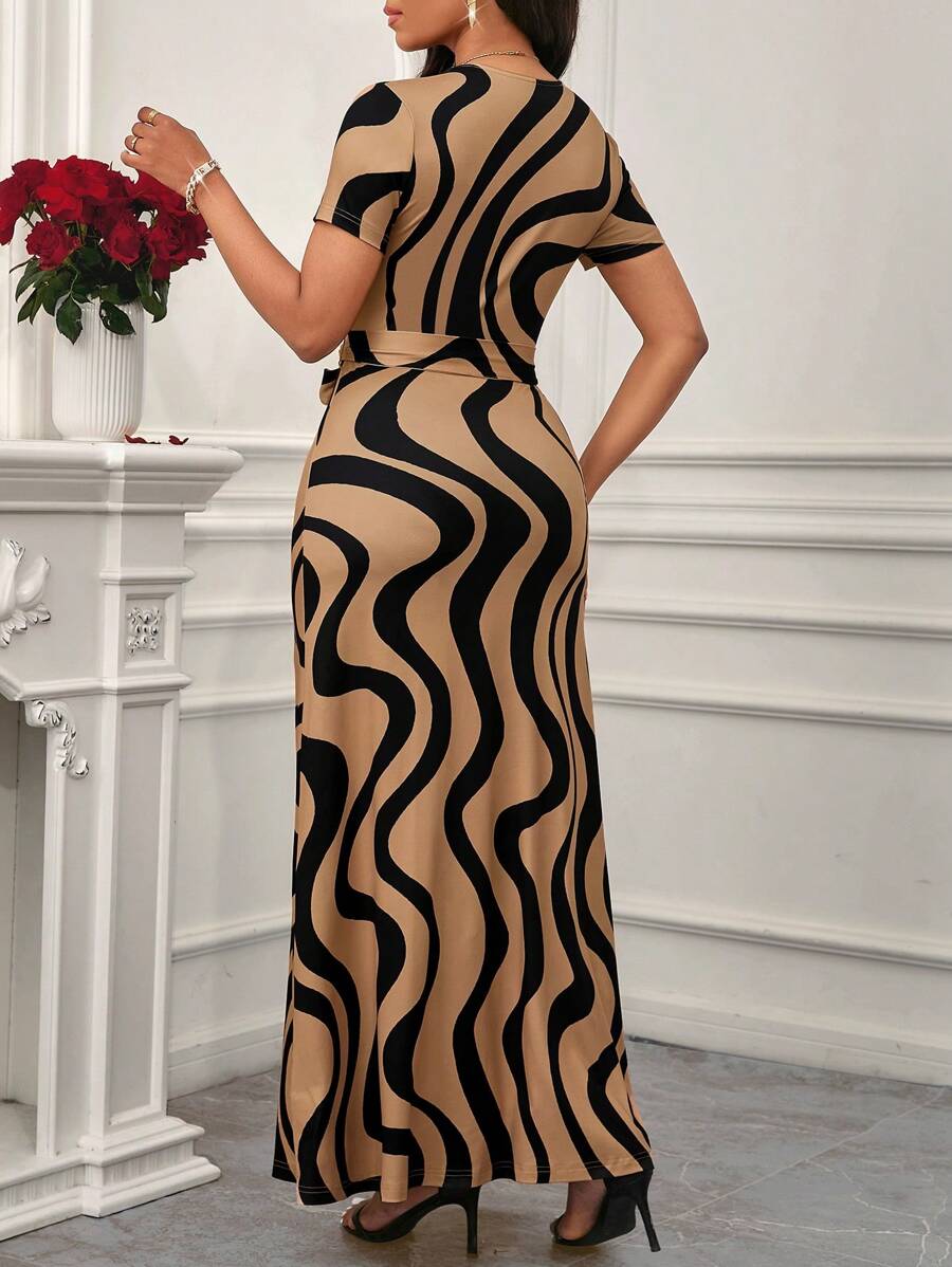 Alonic Fab Elegant Wave-Print Wrap Maxi Dress with Belt - Short Sleeve