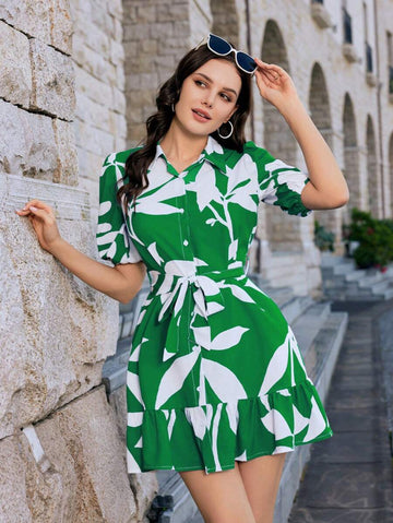 Alonic fab Green Tropical Leaf Print Button-Down Belted Mini Dress