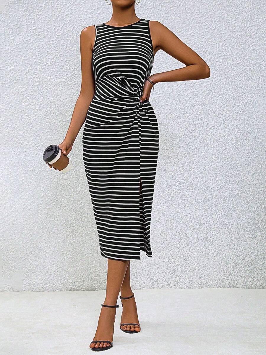 Alonic Fab Striped Sleeveless Midi Dress with Side Knot Detail