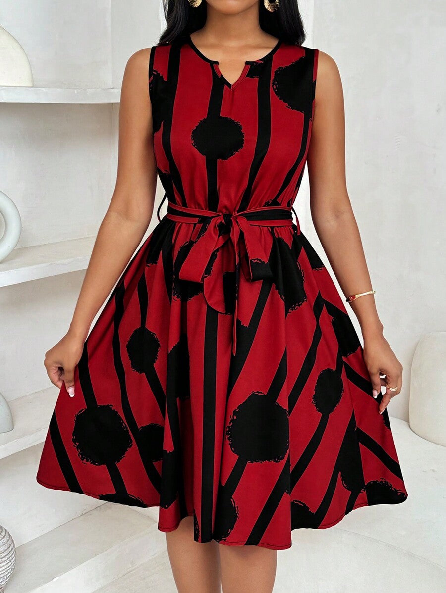 Alonic Fab Elegant Red and Black Sleeveless Belted A-Line Dress