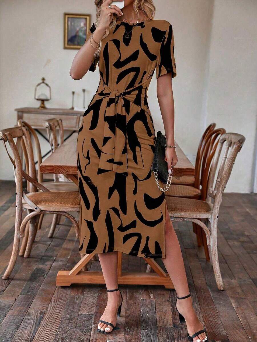 Alonic Fab Elegant Abstract Print Midi Dress with Waist Tie – Brown & Black