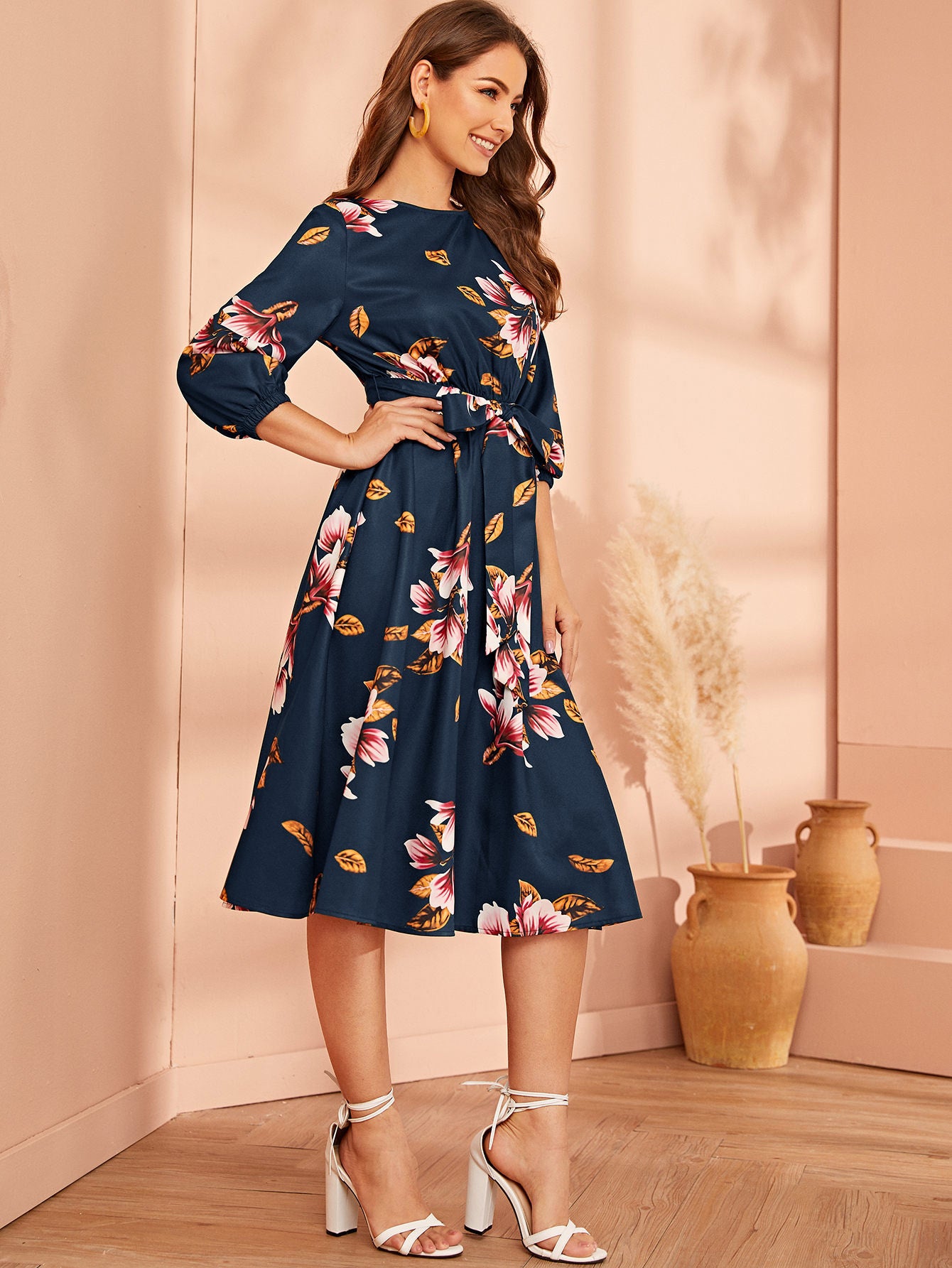 Alonic Fab Elegant Floral Print Midi Dress with Waist Tie and 3/4 Sleeves