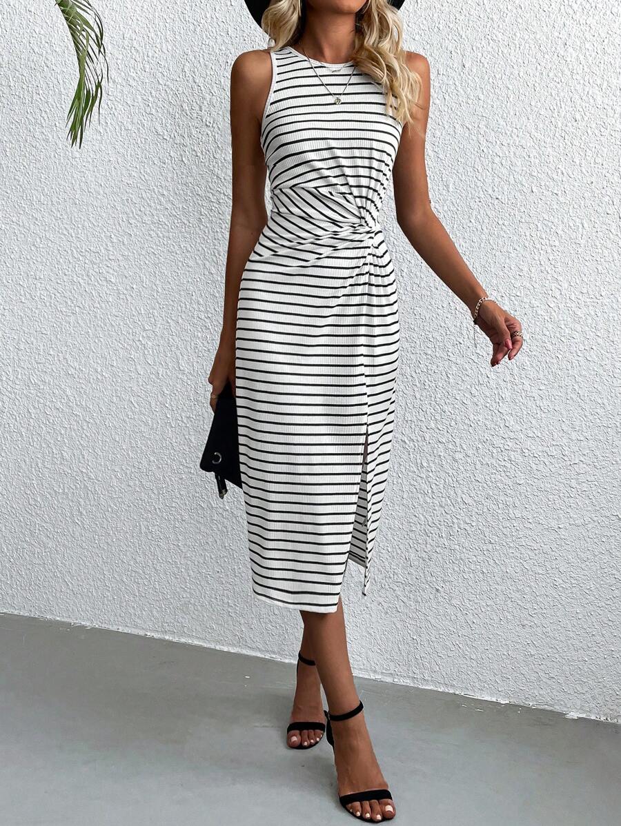 Alonic Fab Striped Sleeveless Midi Dress with Side Knot Detail