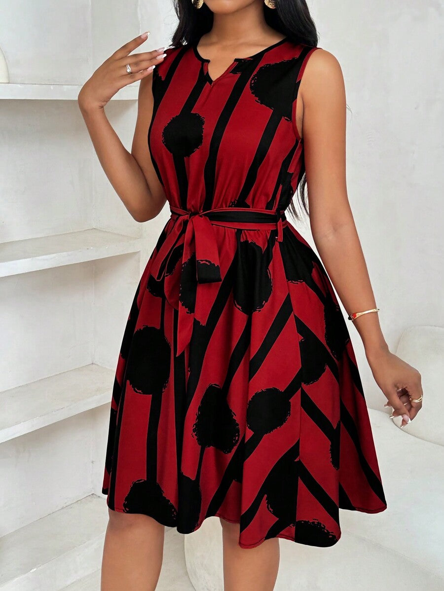 Alonic Fab Elegant Red and Black Sleeveless Belted A-Line Dress