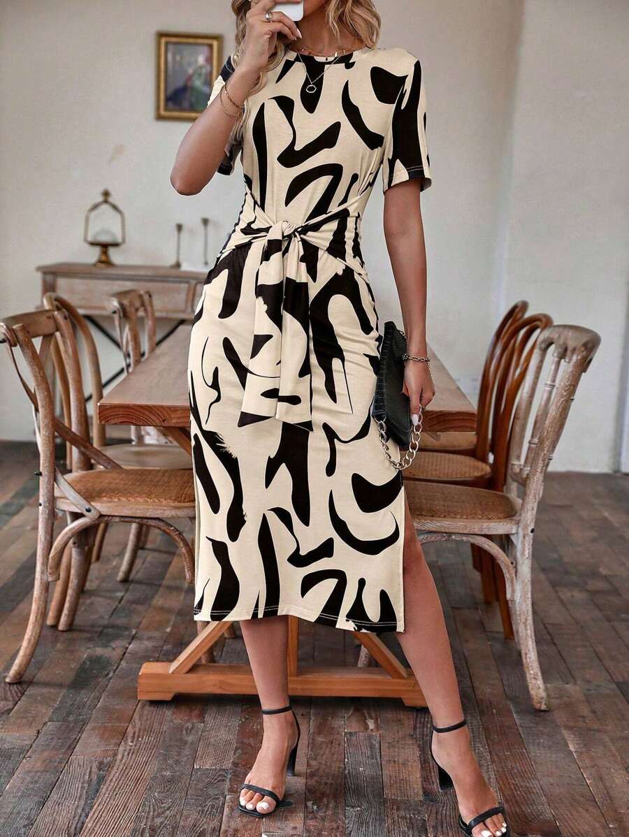 Alonic Fab Short-Sleeve Abstract Print Midi Dress with Front Knot