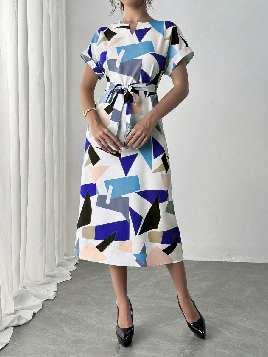 Alonic Fab Elegant Geometric Print Belted Midi Dress – Chic & Stylish