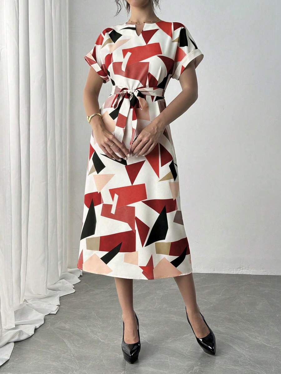 Alonic Fab Elegant Geometric Print Belted Midi Dress – Chic & Stylish