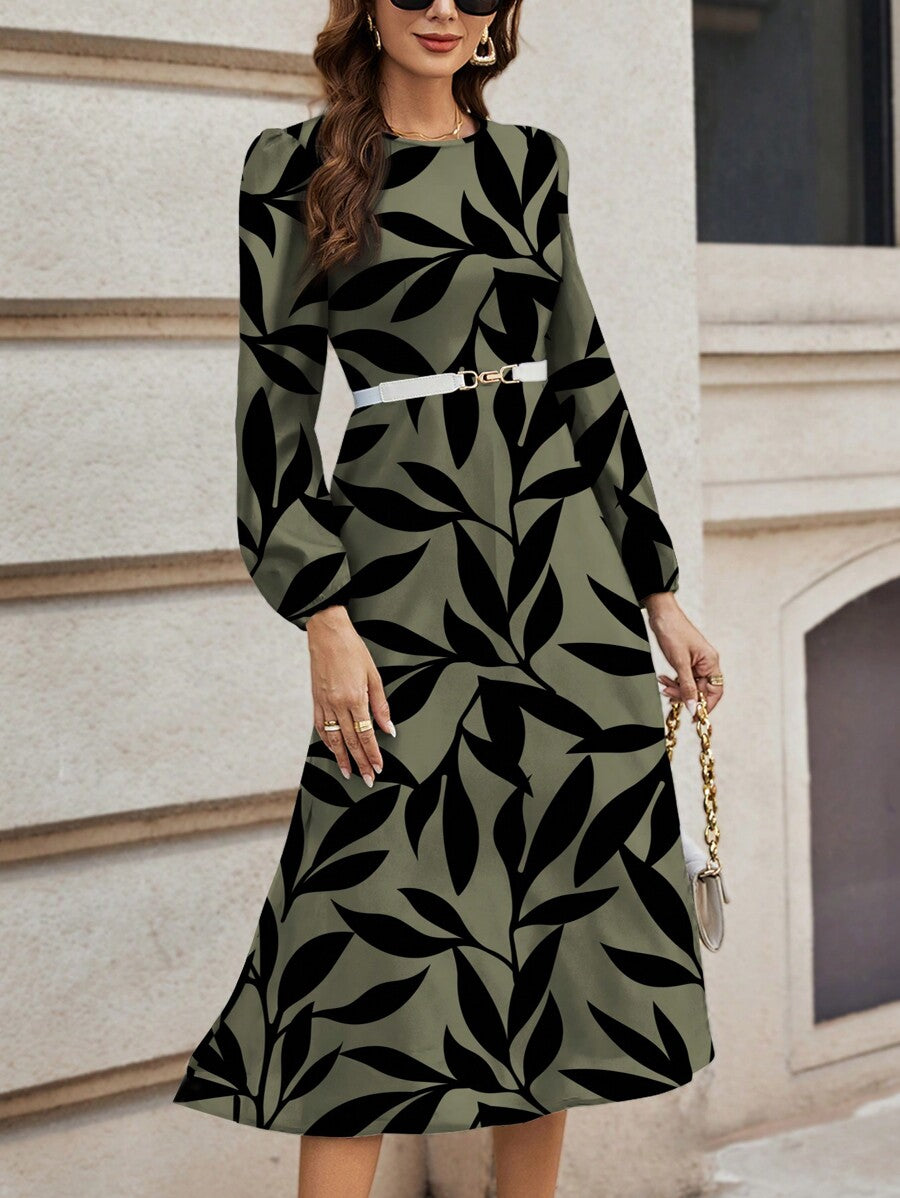 Alonic Fab Elegant Olive Green Midi Dress with Black Leaf Print & Belted Waist