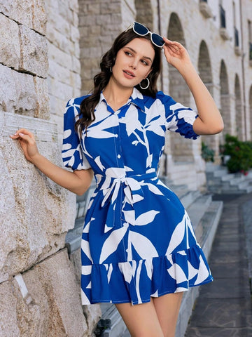 Alonic Fab Blue Tropical Leaf Print Button-Down Belted Mini Dress