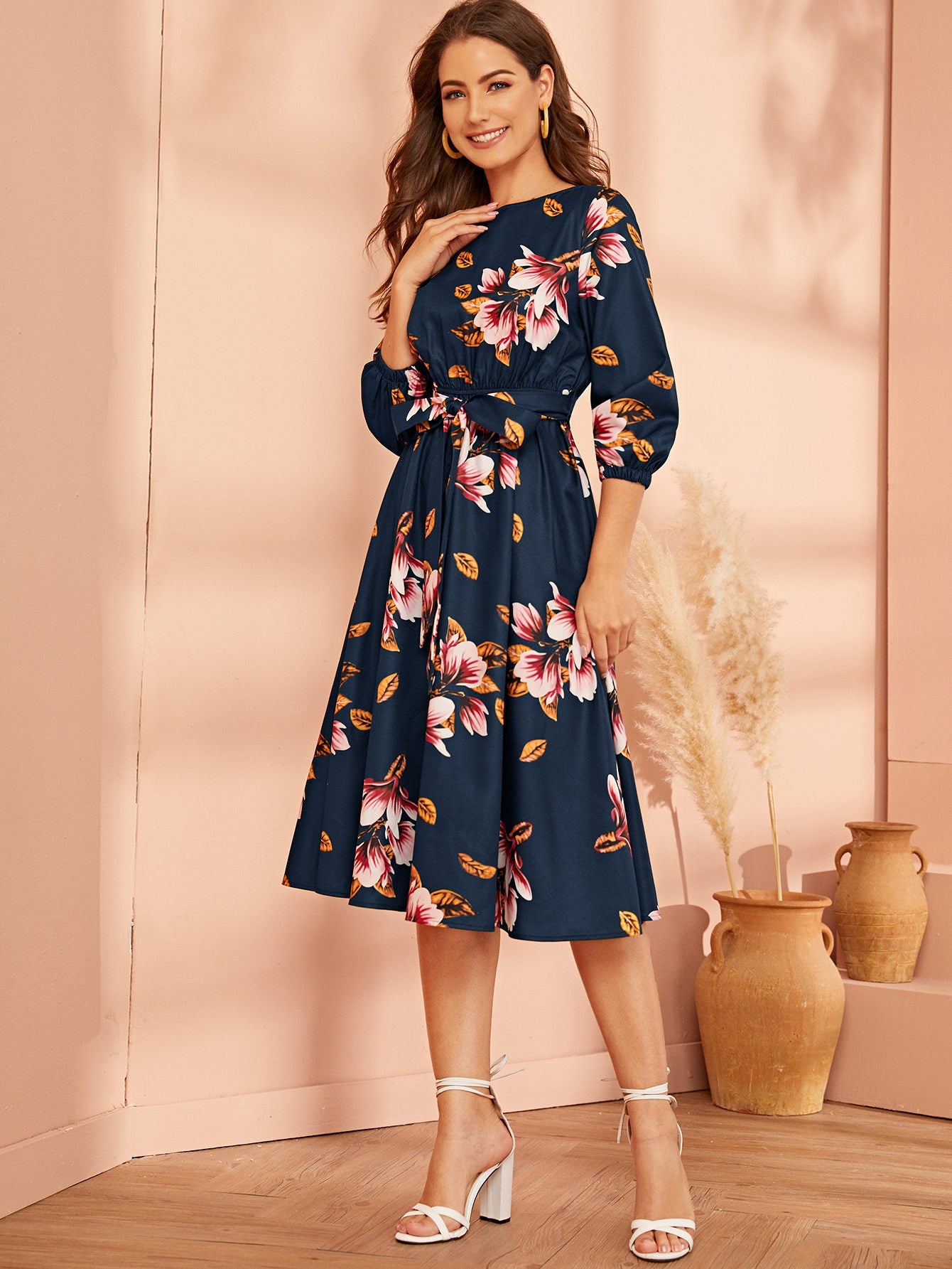 Alonic Fab Elegant Floral Print Midi Dress with Waist Tie and 3/4 Sleeves