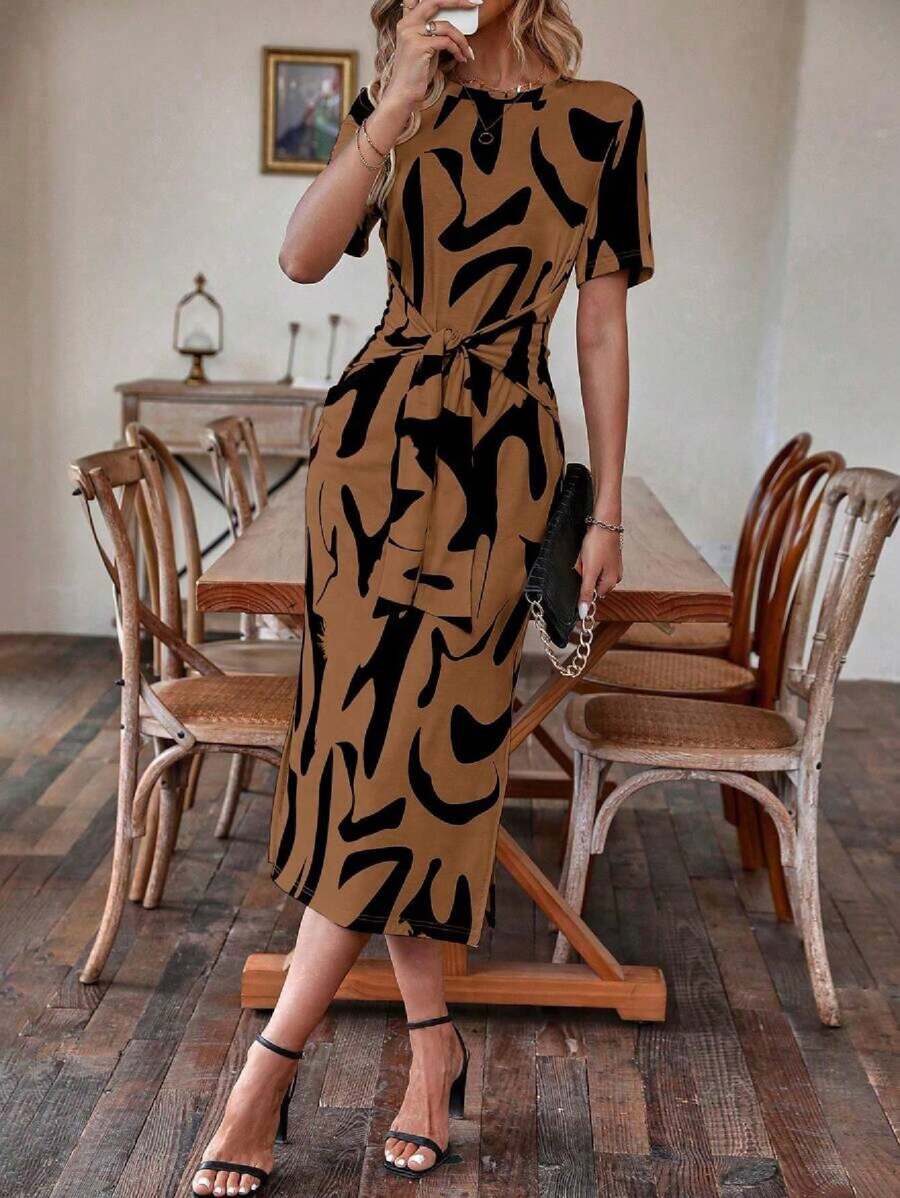 Alonic Fab Elegant Abstract Print Midi Dress with Waist Tie – Brown & Black