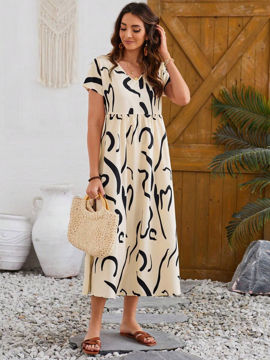 Alonic Fab Cream base with black abstract patterns Dress