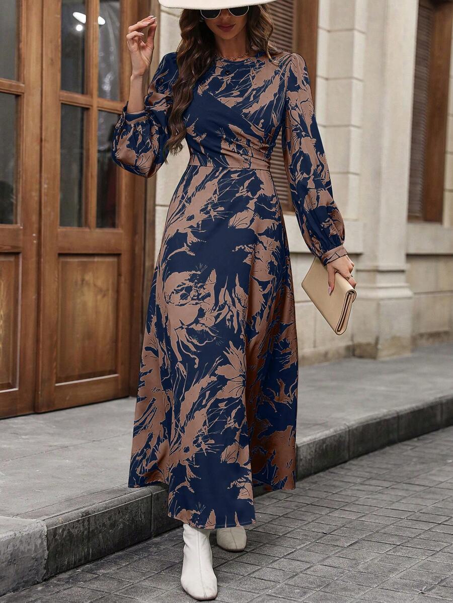 Alonic Fab Elegant Navy & Brown Abstract Print Long-Sleeve Maxi Dress