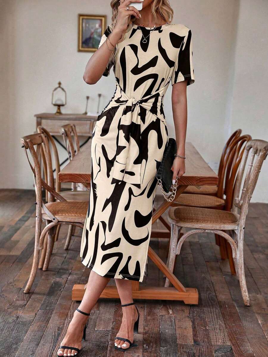 Alonic Fab Short-Sleeve Abstract Print Midi Dress with Front Knot