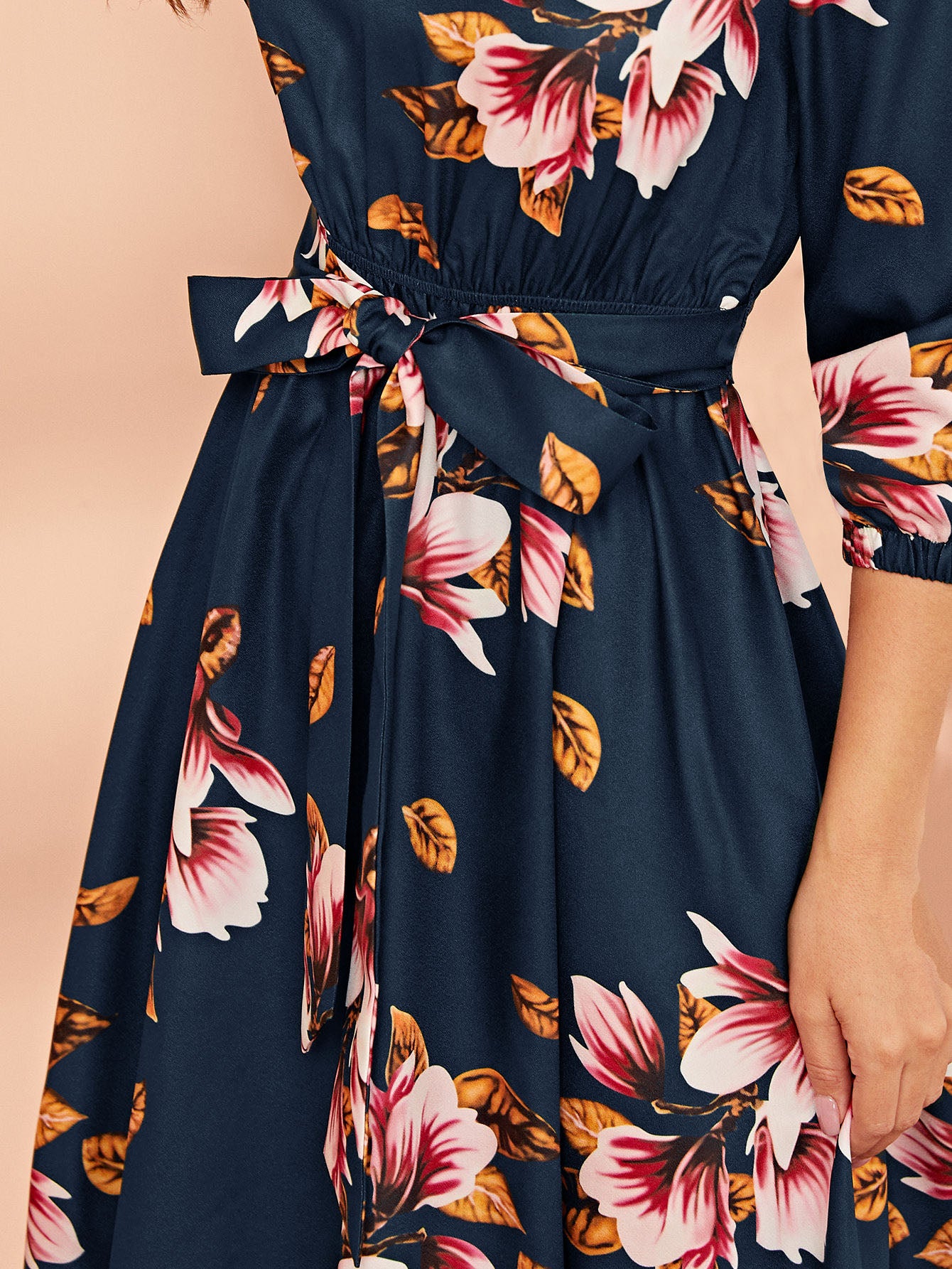 Alonic Fab Elegant Floral Print Midi Dress with Waist Tie and 3/4 Sleeves