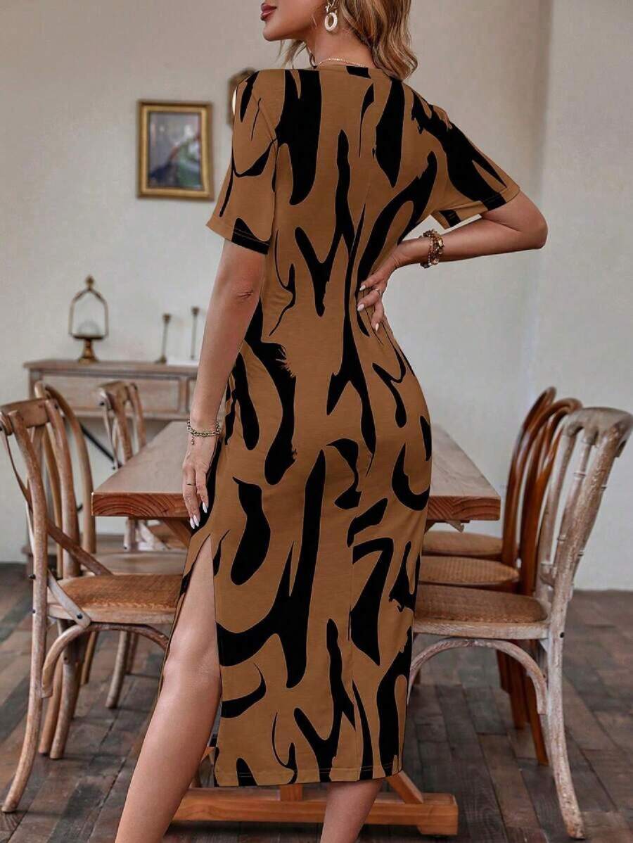 Alonic Fab Elegant Abstract Print Midi Dress with Waist Tie – Brown & Black