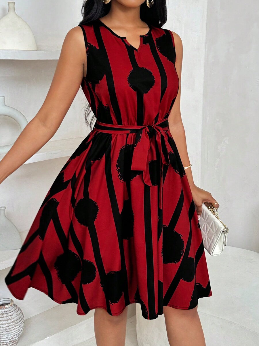 Alonic Fab Elegant Red and Black Sleeveless Belted A-Line Dress