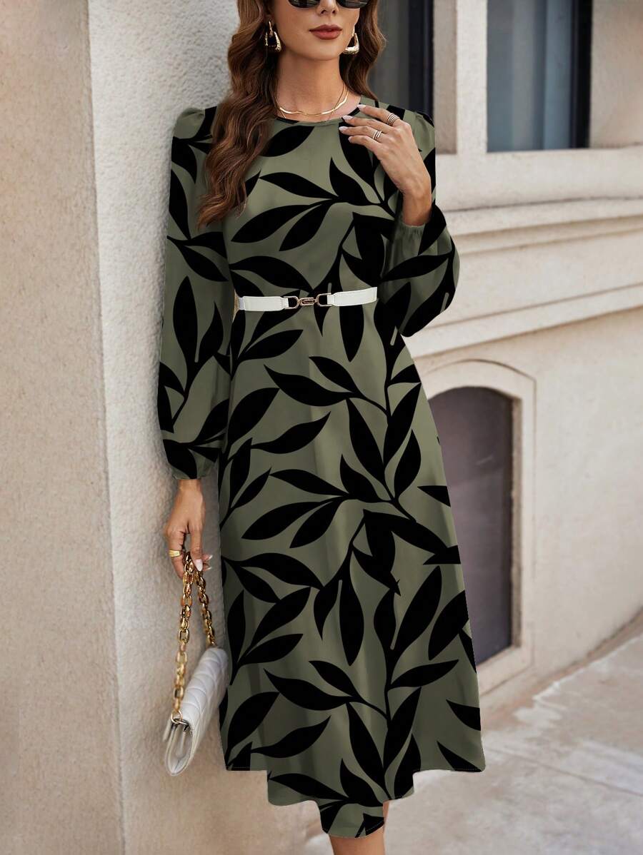 Alonic Fab Elegant Olive Green Midi Dress with Black Leaf Print & Belted Waist