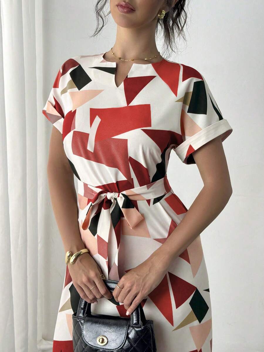 Alonic Fab Elegant Geometric Print Belted Midi Dress – Chic & Stylish