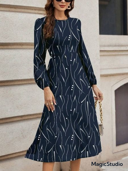 Alonic Fab Elegant Navy Blue Midi Dress with Abstract Dot and Line Print – Long Sleeve, High Waist