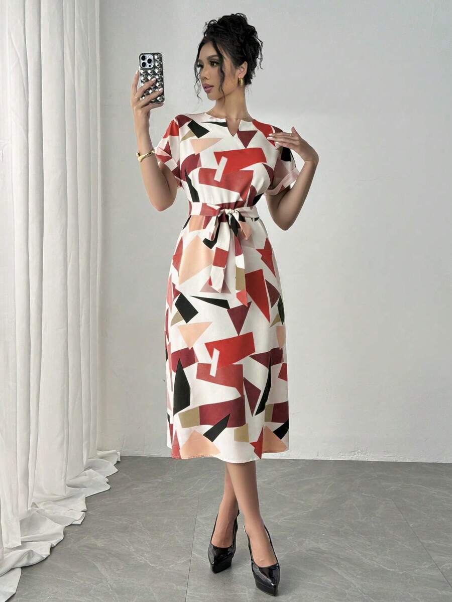 Alonic Fab Elegant Geometric Print Belted Midi Dress – Chic & Stylish