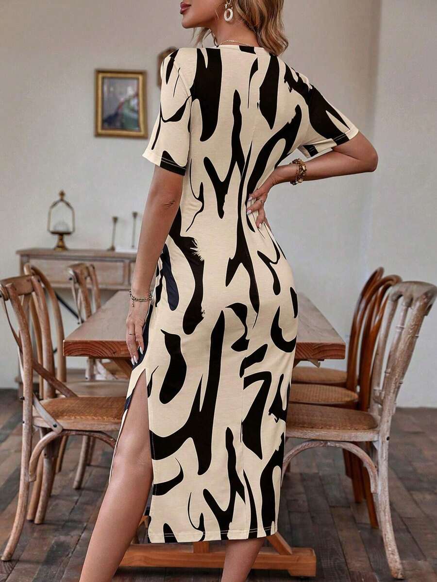 Alonic Fab Short-Sleeve Abstract Print Midi Dress with Front Knot