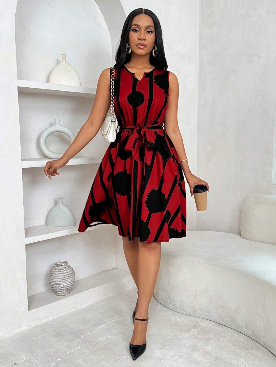 Alonic Fab Elegant Red and Black Sleeveless Belted A-Line Dress