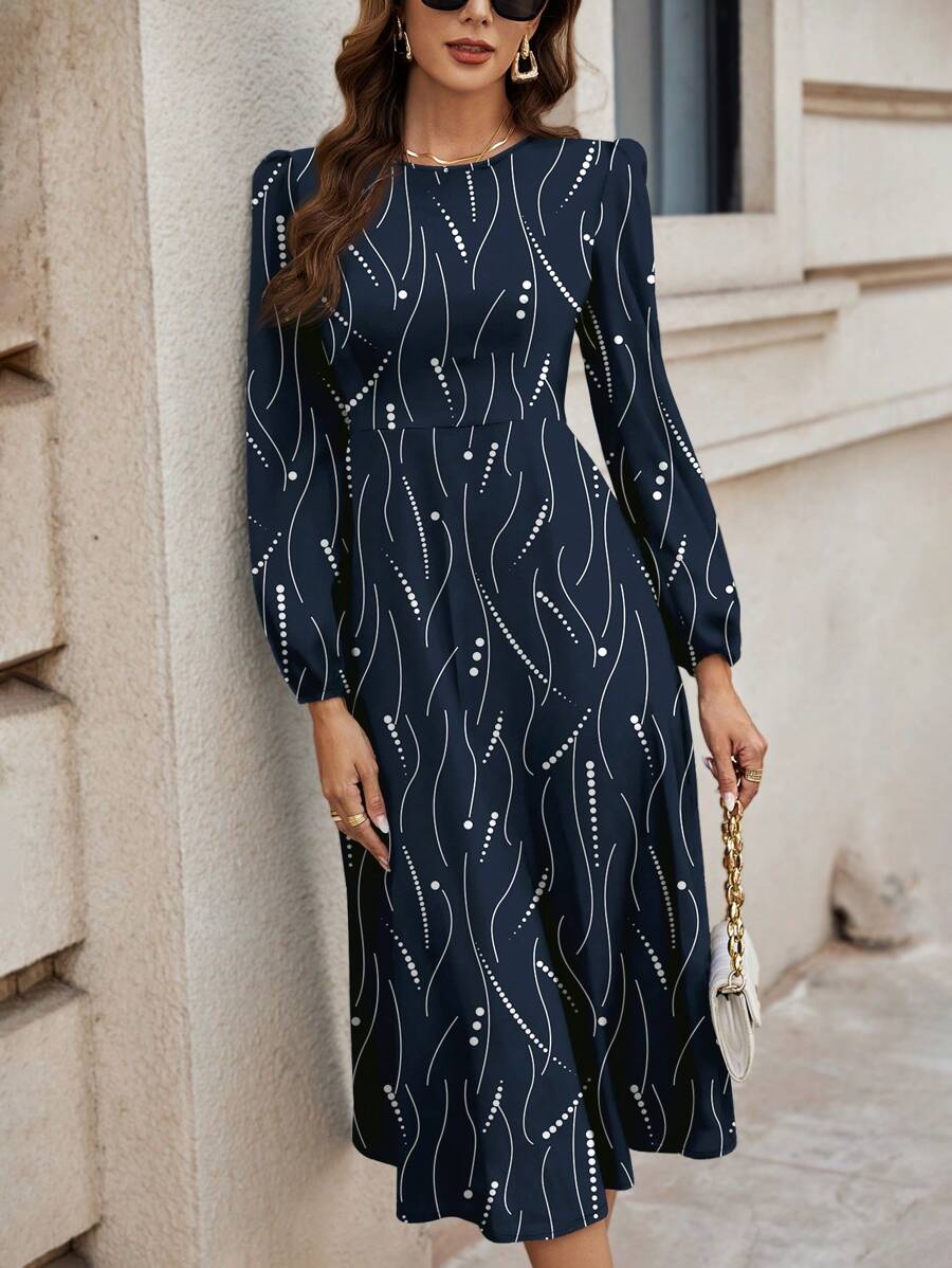 Alonic Fab Elegant Navy Blue Midi Dress with Abstract Dot and Line Print – Long Sleeve, High Waist