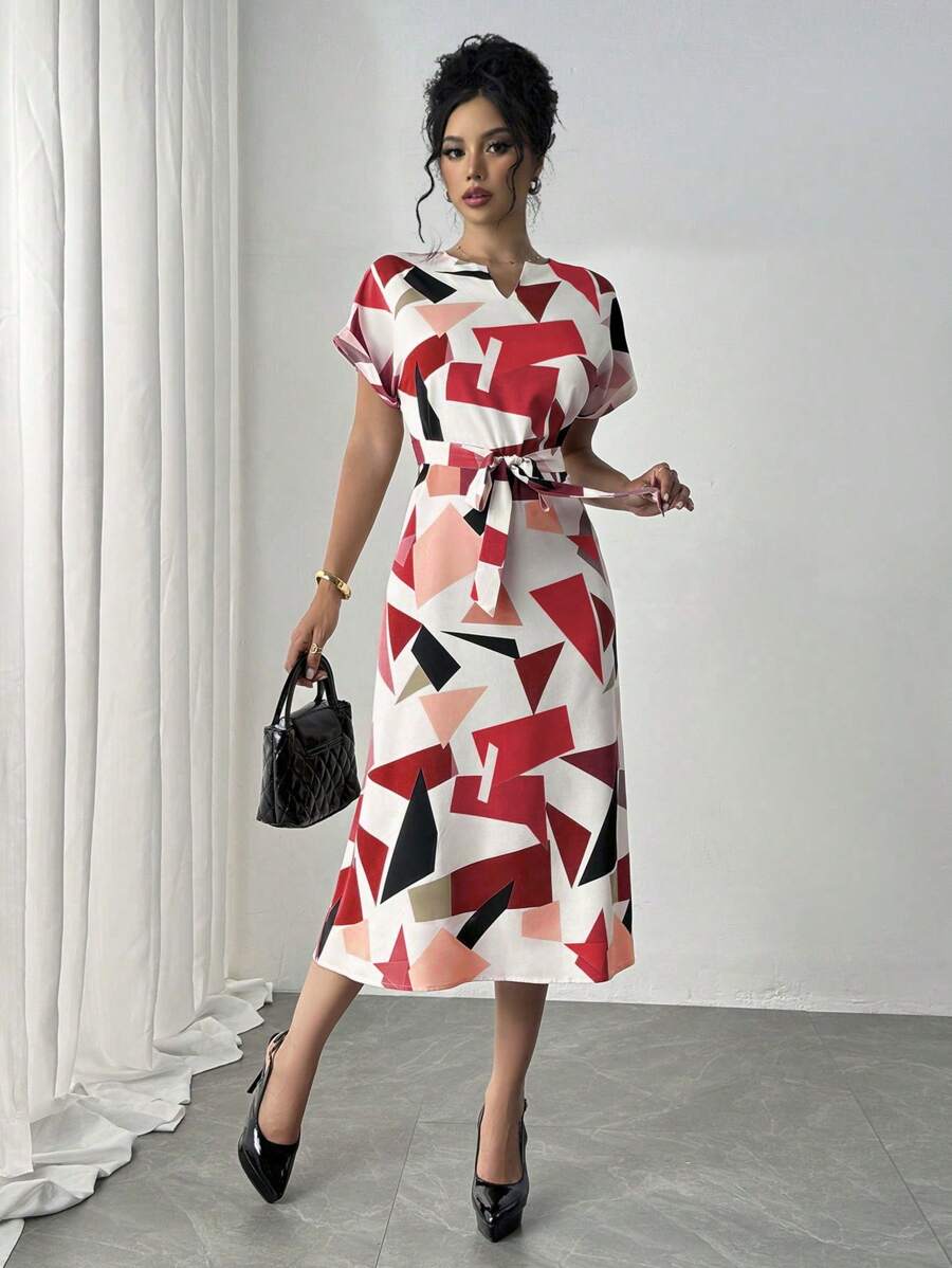 Alonic Fab Elegant Geometric Print Belted Midi Dress – Chic & Stylish