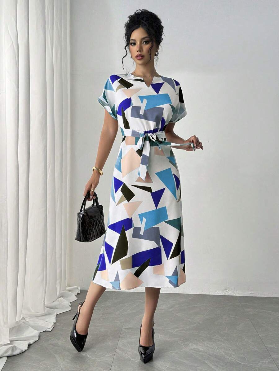 Alonic Fab Elegant Geometric Print Belted Midi Dress – Chic & Stylish