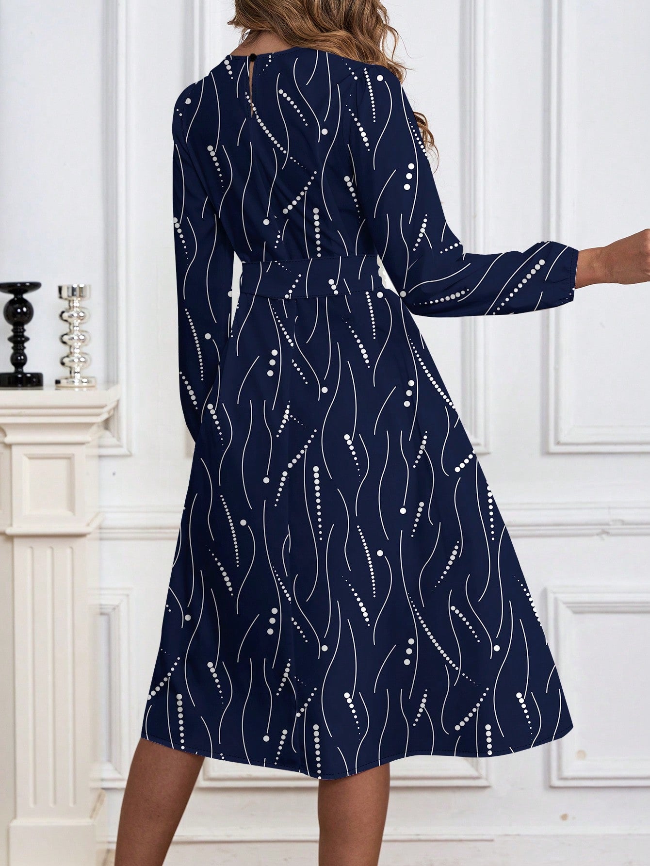 Alonic Fab Elegant Navy Blue Midi Dress with Abstract Dot and Line Print – Long Sleeve, High Waist