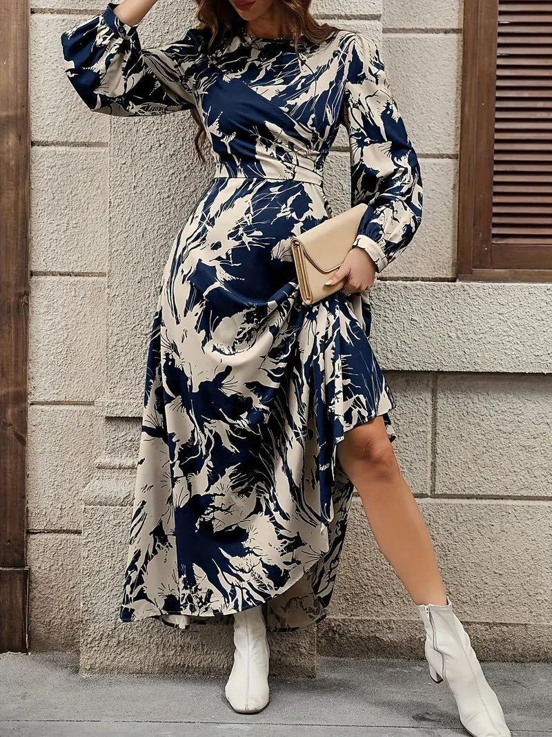 alonic Allover Print Crew Neck Dress, Elegant Long Sleeve Ankle Length Dress